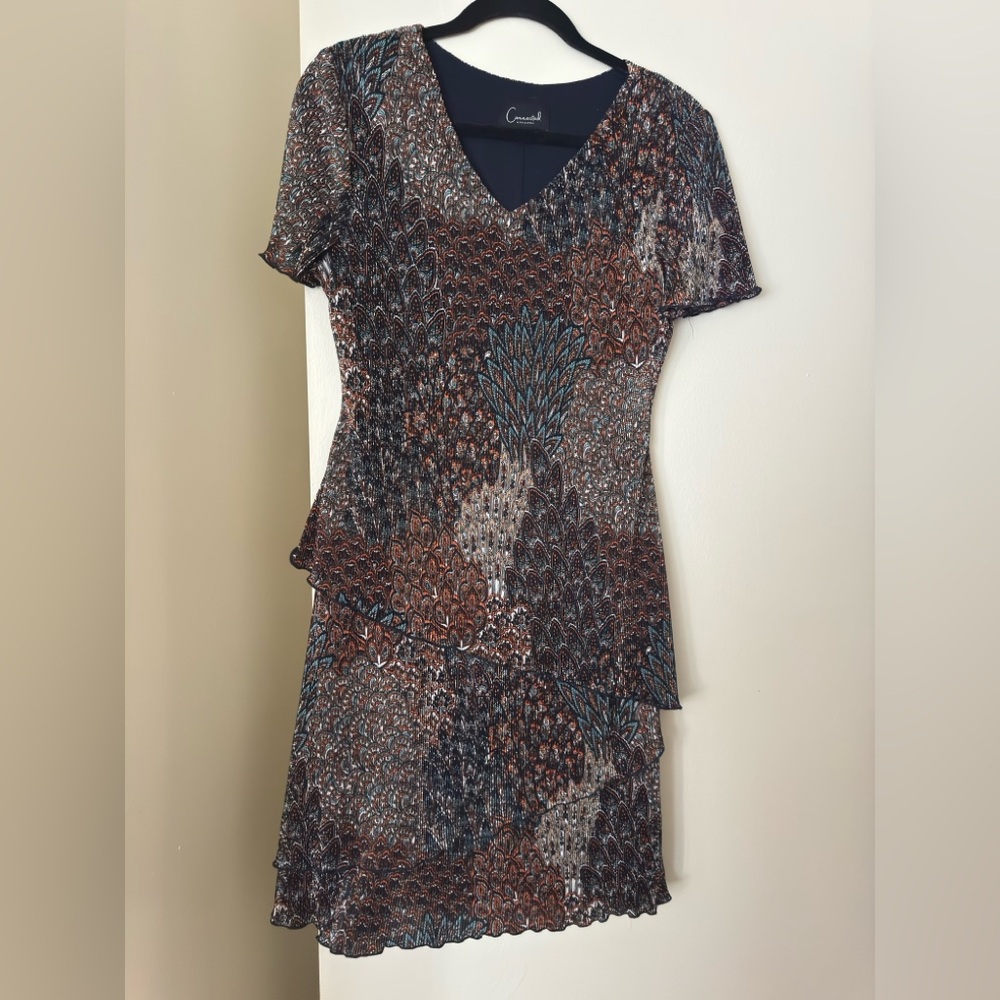 Connected Apparel Asymmetrical Dress in Brown and Blue